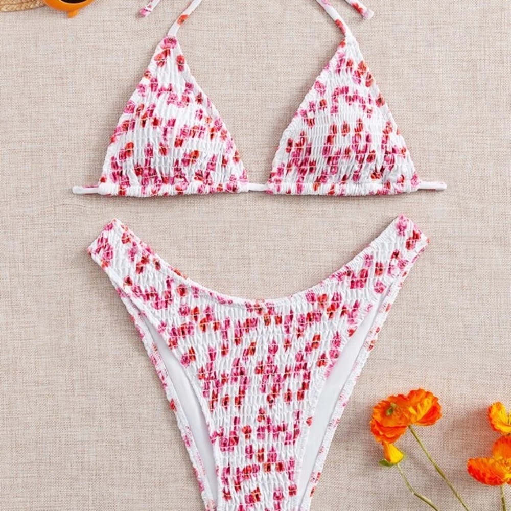 Floral Smocked Triangle Bikini Swimsuit